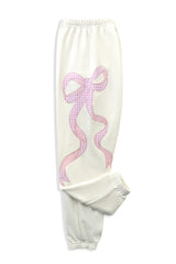 KatieJ Dylan Croquet Bow Applique Sweat Pant, Vintage White with Pink Floral