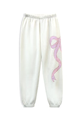 KatieJ Dylan Croquet Bow Applique Sweat Pant, Vintage White with Pink Floral