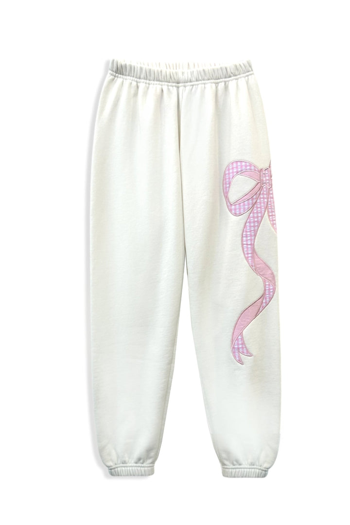 KatieJ Dylan Croquet Bow Applique Sweat Pant, Vintage White with Pink Floral