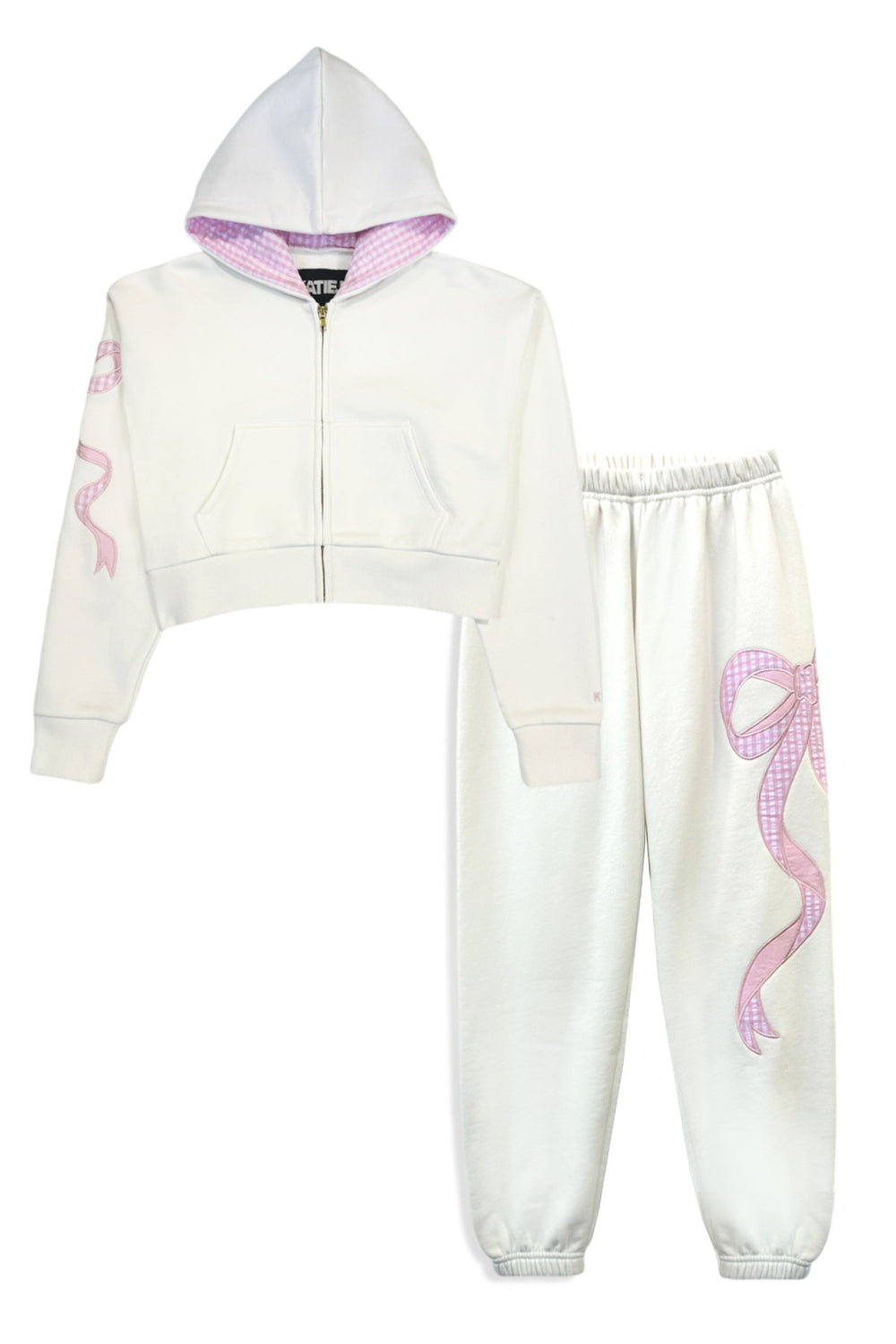 KatieJ Dylan Croquet Bow Applique Sweat Pant, Vintage White with Pink Floral