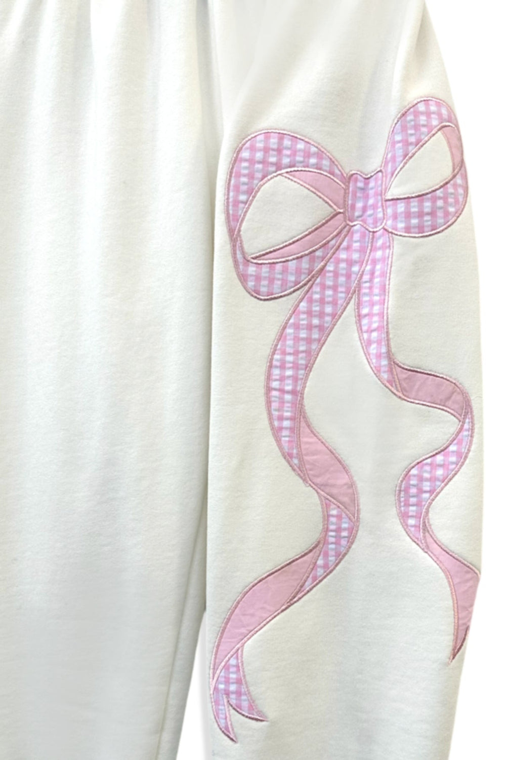 KatieJ Dylan Croquet Bow Applique Sweat Pant, Vintage White with Pink Floral