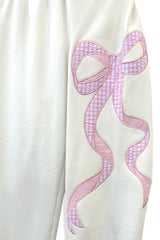 KatieJ Dylan Croquet Bow Applique Sweat Pant, Vintage White with Pink Floral