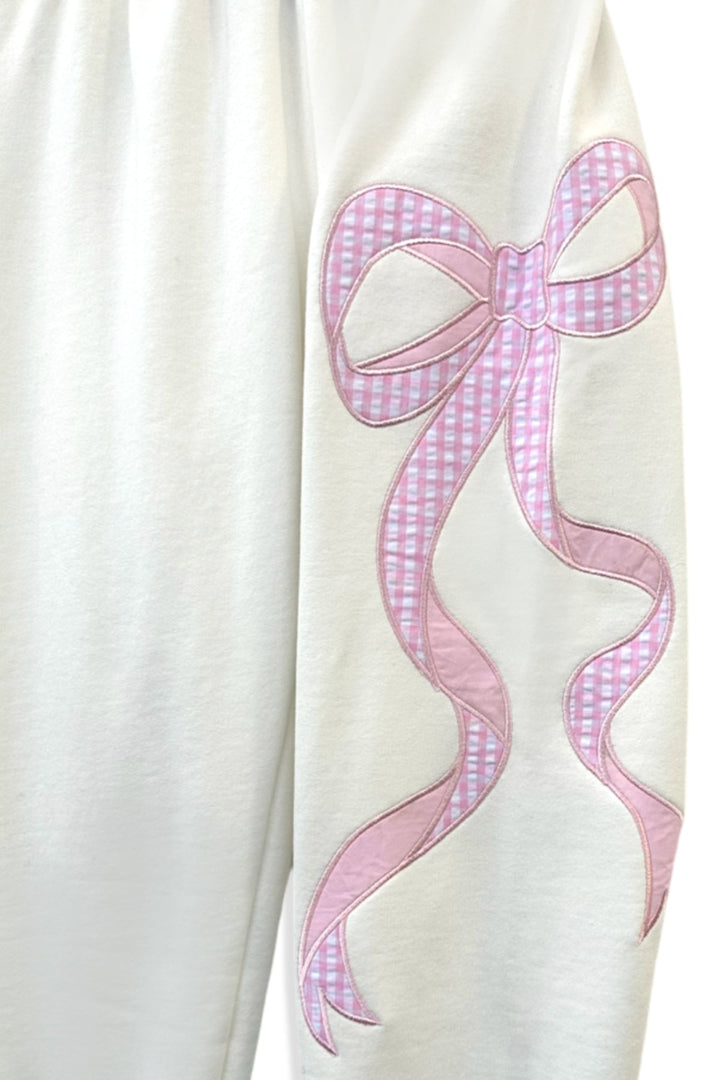 KatieJ Dylan Croquet Bow Applique Sweat Pant, Vintage White with Pink Floral