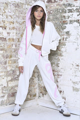 KatieJ Dylan Croquet Bow Applique Sweat Pant, Vintage White with Pink Floral