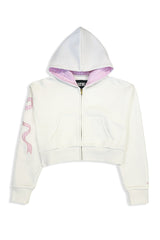 KatieJ Dylan Croquet Bow Applique Cropped Zip Up Jacket, Vintage White with Pink Floral