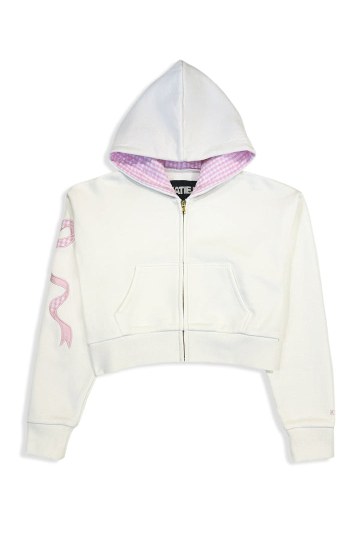 KatieJ Dylan Croquet Bow Applique Cropped Zip Up Jacket, Vintage White with Pink Floral