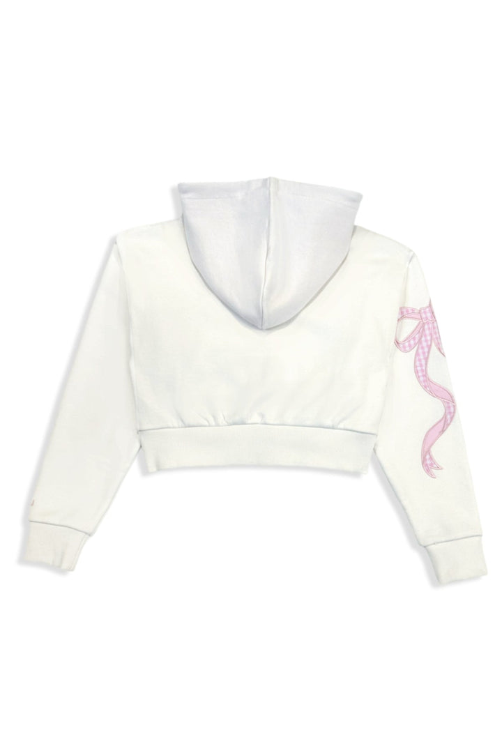 KatieJ Dylan Croquet Bow Applique Cropped Zip Up Jacket, Vintage White with Pink Floral