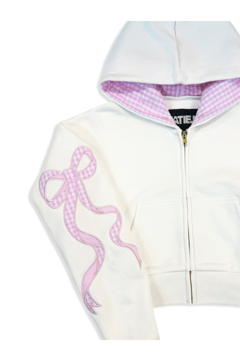 KatieJ Dylan Croquet Bow Applique Cropped Zip Up Jacket, Vintage White with Pink Floral