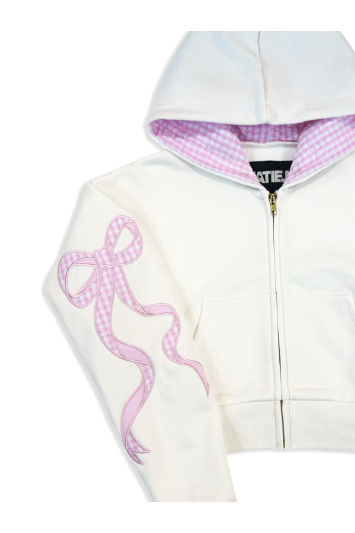 KatieJ Dylan Croquet Bow Applique Cropped Zip Up Jacket, Vintage White with Pink Floral