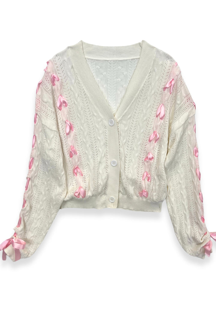 KatieJ Libby White with Pink Ribbon Cardigan