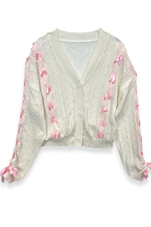 KatieJ Libby White with Pink Ribbon Cardigan