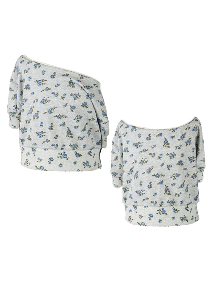 fbz Off Shoulder Sweatshirt, Grey with Blue Flowers