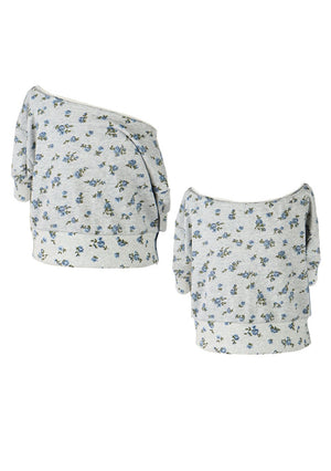 fbz Off Shoulder Sweatshirt, Grey with Blue Flowers