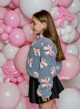 Design History Girls Long Sleeve Grey Pink Bow Jacket