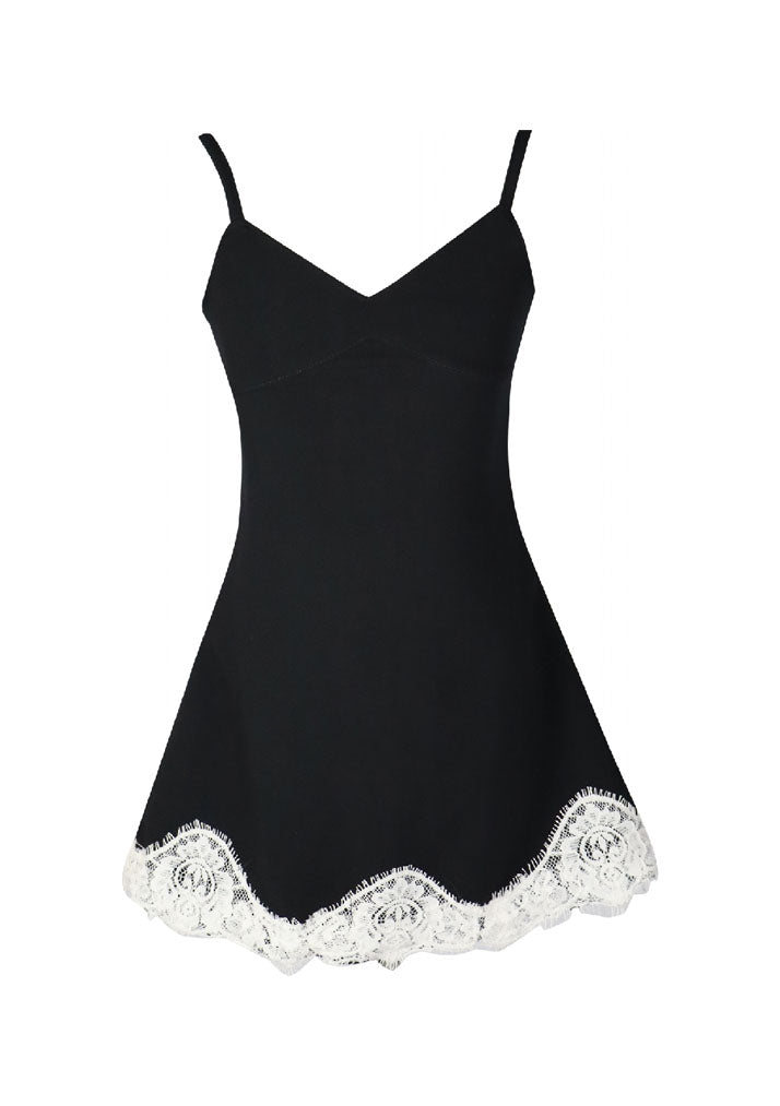 fbz Black Gabardine Dress with Renda Lace Trim