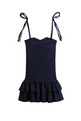 Meri Smocked Dress with Ruffle Skirt, Black Silky Georgette