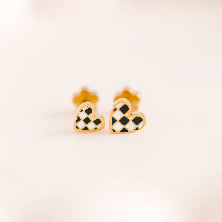 pierced Tiny Black and White Checkered Heart Stud Earings