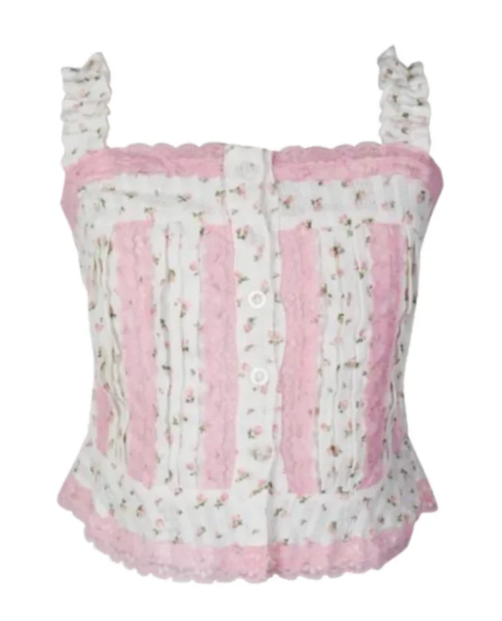 fbz White with Pink Rose and Eyelet Lace Top