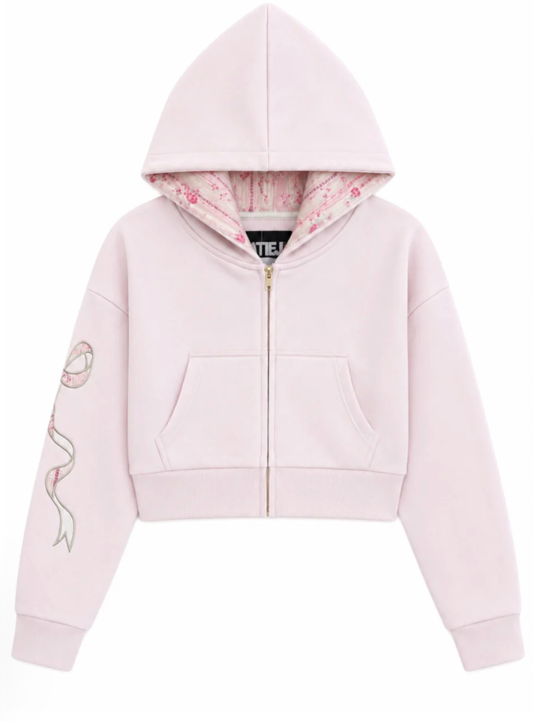 KatieJ Dylan Crop Zipped Sweatshirt with Bow Applique, Pale Pink/Rose Floral
