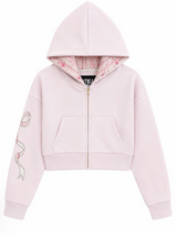 KatieJ Dylan Crop Zipped Sweatshirt with Bow Applique, Pale Pink/Rose Floral