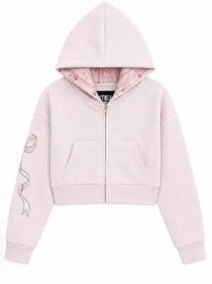 KatieJ Dylan Crop Zipped Sweatshirt with Bow Applique, Pale Pink/Rose Floral