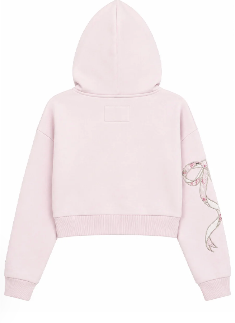KatieJ Dylan Crop Zipped Sweatshirt with Bow Applique, Pale Pink/Rose Floral