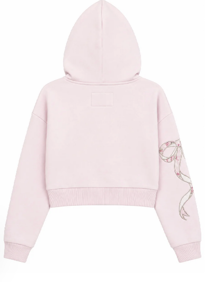 KatieJ Dylan Crop Zipped Sweatshirt with Bow Applique, Pale Pink/Rose Floral