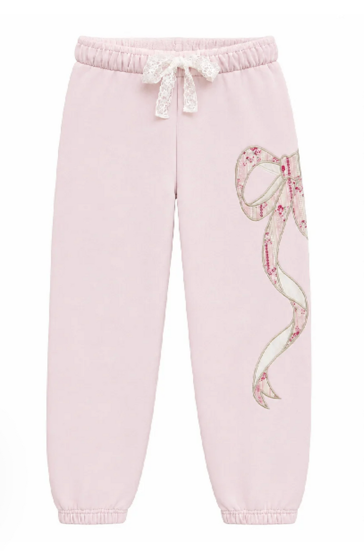 KatieJ Dylan Sweatpant with Bow Applique, Pale Pink/Rose Floral