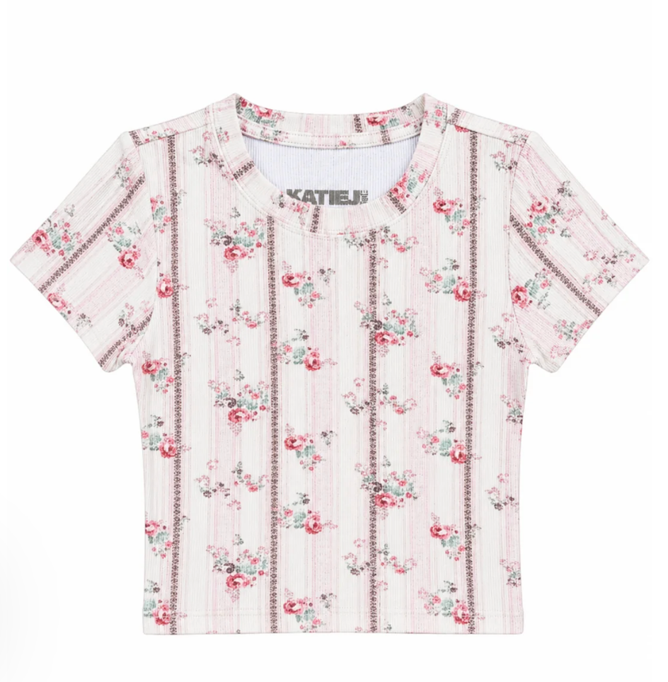 KatieJ Livi Ribbed Tee, Rose Floral Stripe