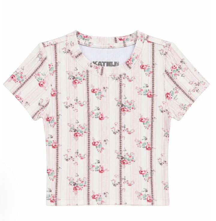 KatieJ Livi Ribbed Tee, Rose Floral Stripe