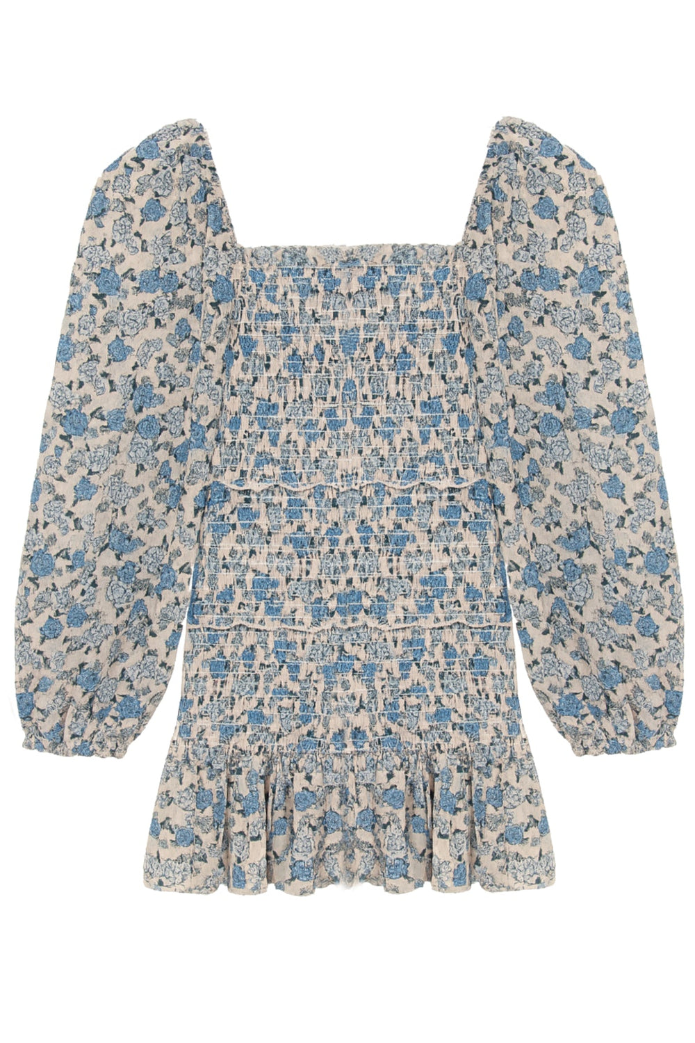 KatieJ Laila Printed Sheer Smocked Sleeve Long Sleeve Dress, Blue Bunches Linen Look