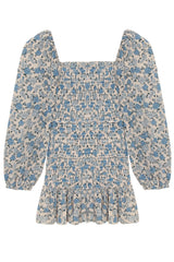 KatieJ Laila Printed Sheer Smocked Sleeve Long Sleeve Dress, Blue Bunches Linen Look
