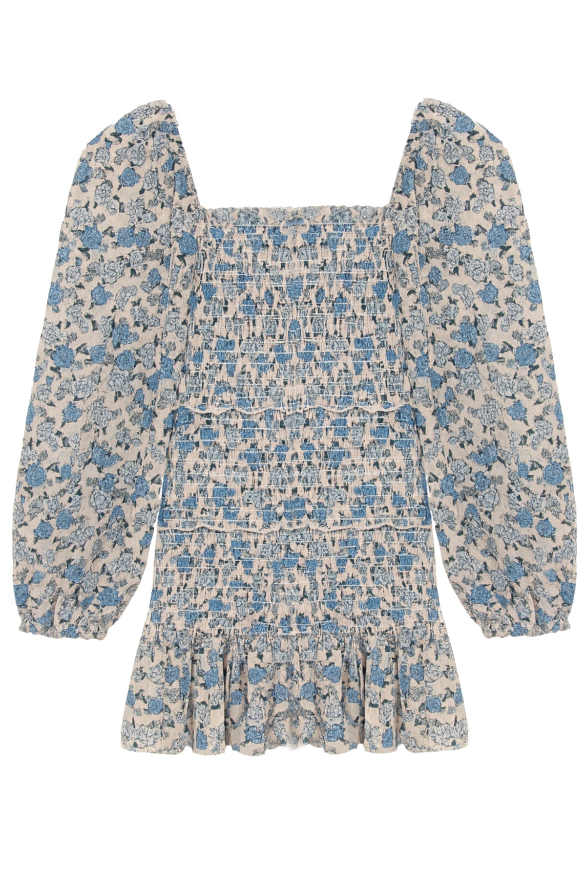 KatieJ Laila Printed Sheer Smocked Sleeve Long Sleeve Dress, Blue Bunches Linen Look