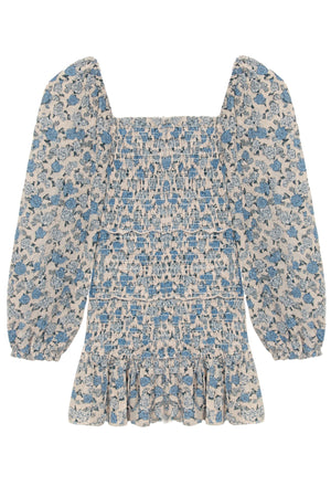 KatieJ Laila Printed Sheer Smocked Sleeve Long Sleeve Dress, Blue Bunches Linen Look