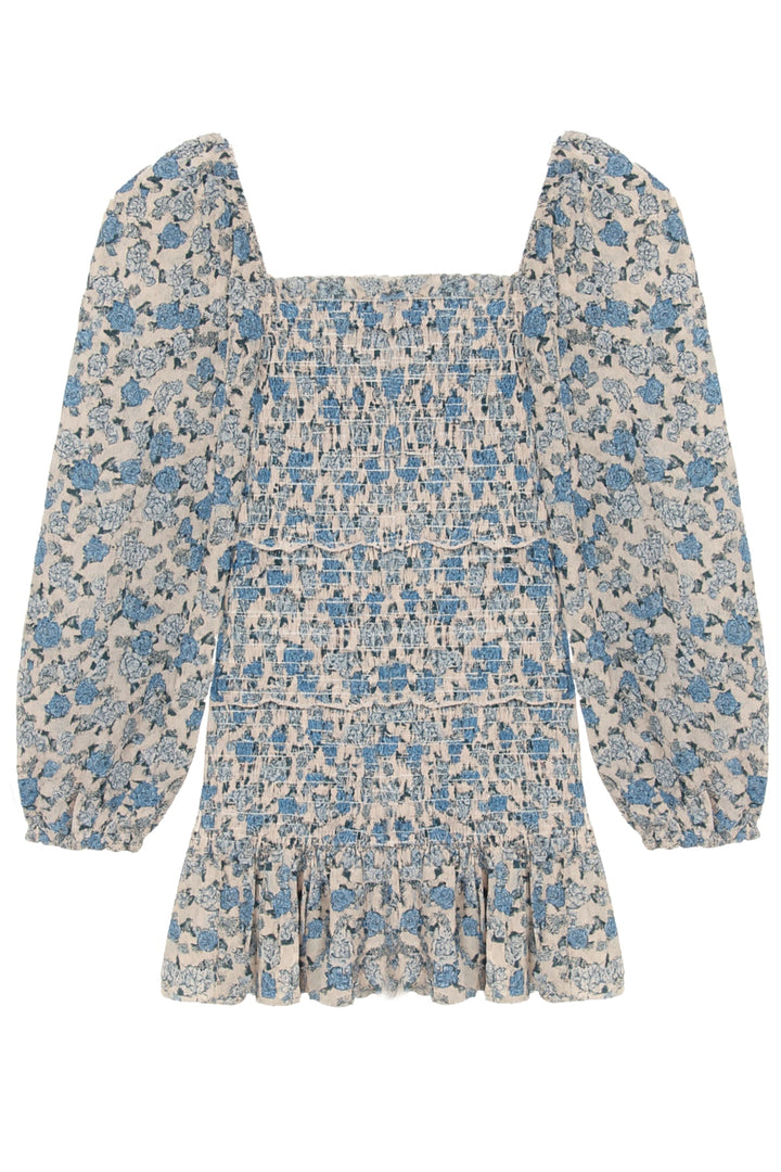 KatieJ Laila Printed Sheer Smocked Sleeve Long Sleeve Dress, Blue Bunches Linen Look