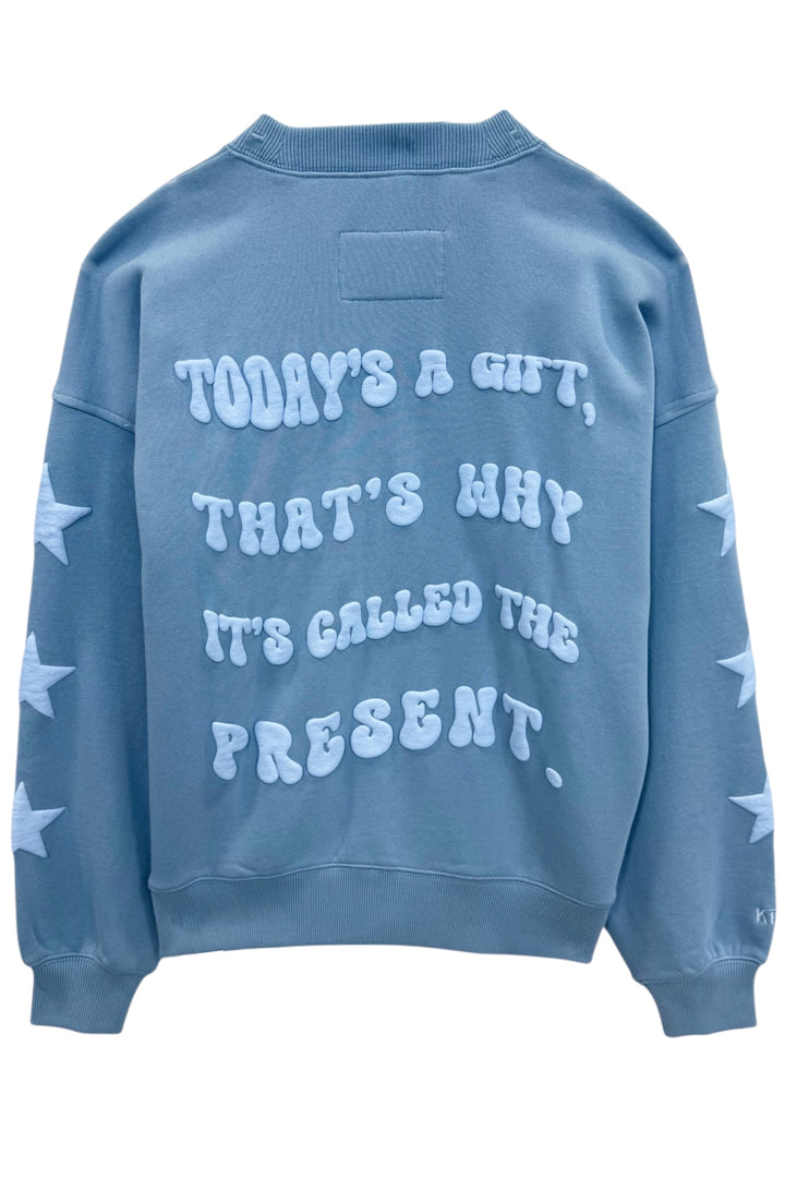KatieJ Tween Leah Oversized Puffy "Be Present" Crew Sweatshirt, Glacier Blue