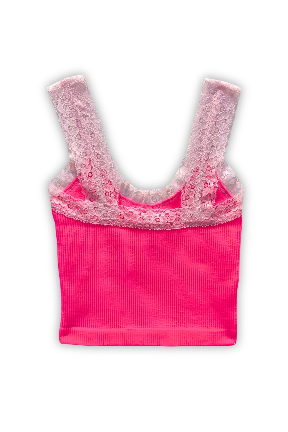 KATIEJ Liana Seamless Tank with Lace Trim, Neon Pink / Baby Pink