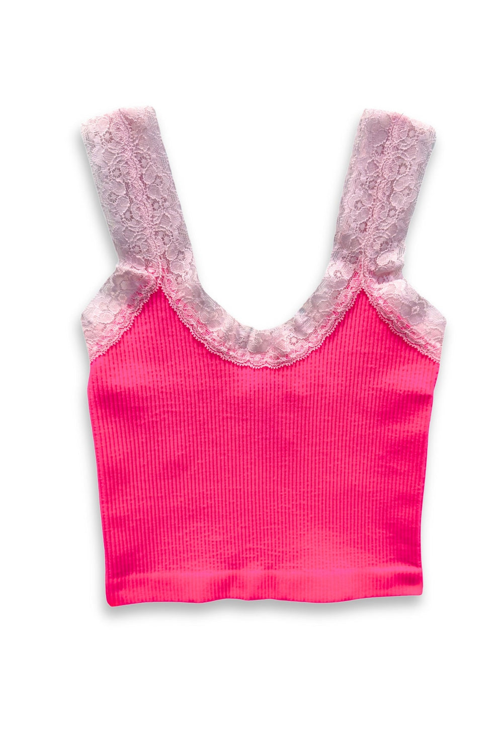 KATIEJ Liana Seamless Tank with Lace Trim, Neon Pink / Baby Pink