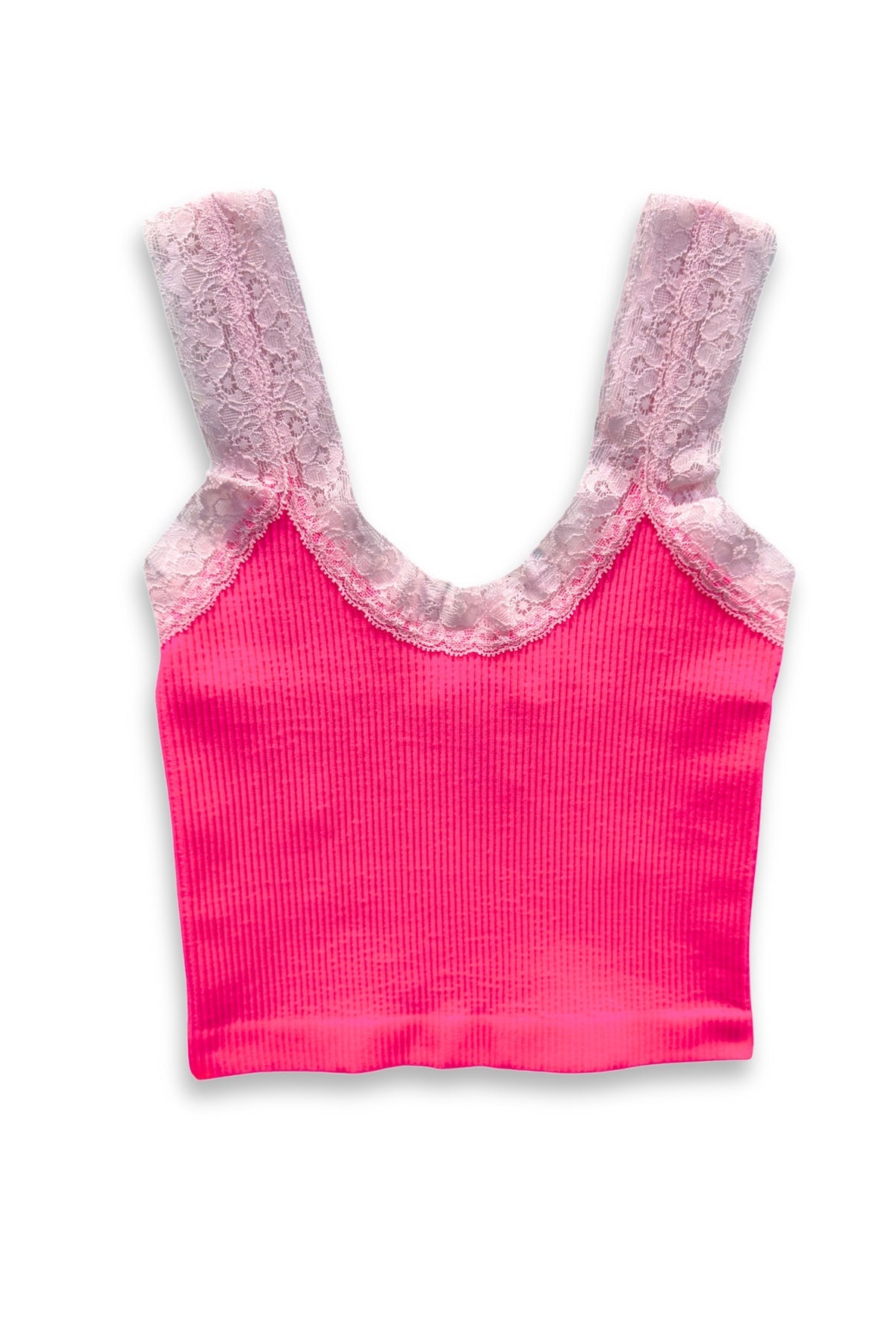 KATIEJ Liana Seamless Tank with Lace Trim, Neon Pink / Baby Pink