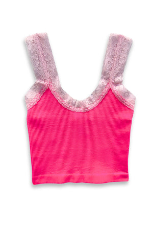 KATIEJ Liana Seamless Tank with Lace Trim, Neon Pink / Baby Pink