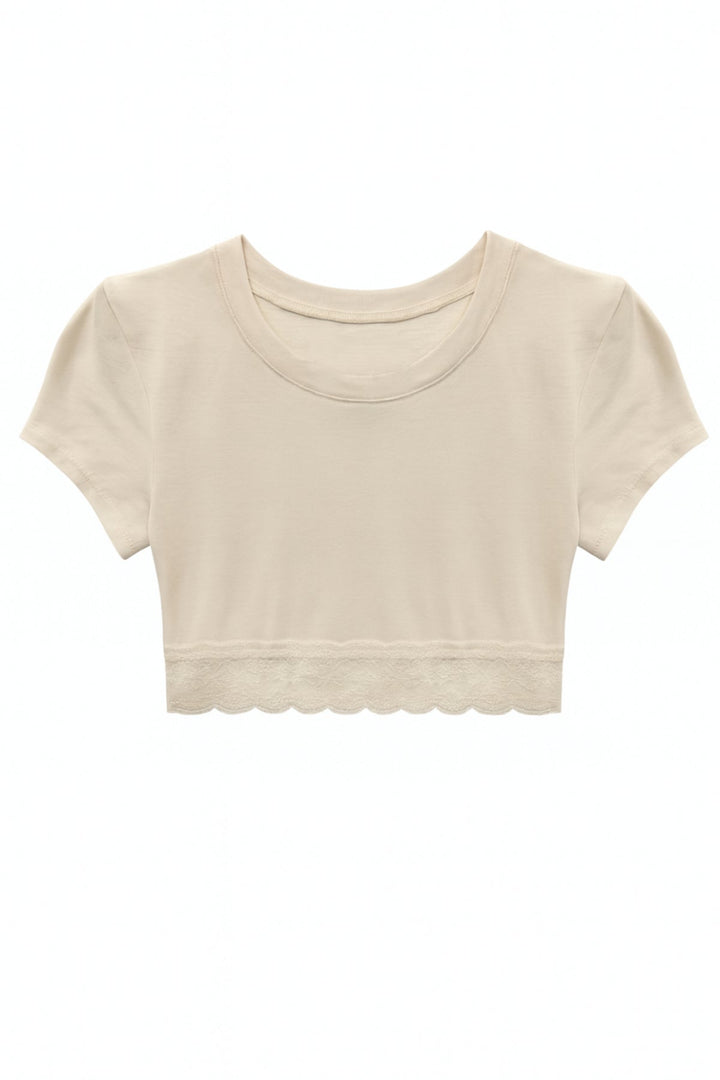 KatieJ Lindsey Cropped Trim Tee with Lace Trim, Black