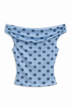 KatieJ Lydia Off Shoulder Top, Denim Polka Dot