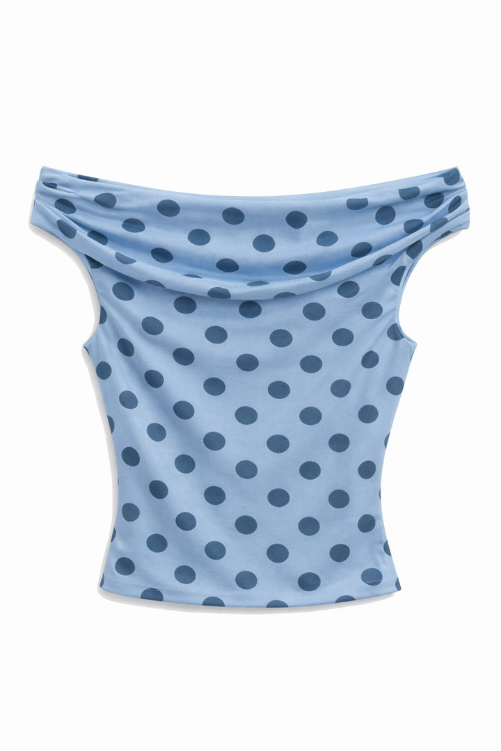KatieJ Lydia Off Shoulder Top, Denim Polka Dot