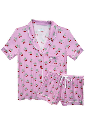 KatieJ Lynn Shorts Teen Lounge Set, Cherry Bow Print
