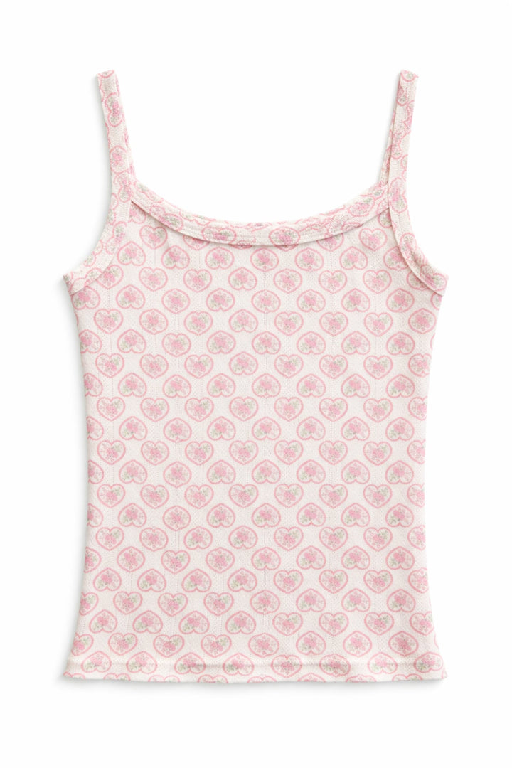 KatieJ Marina Printed Pointelle Tank, Picot Edge Heart