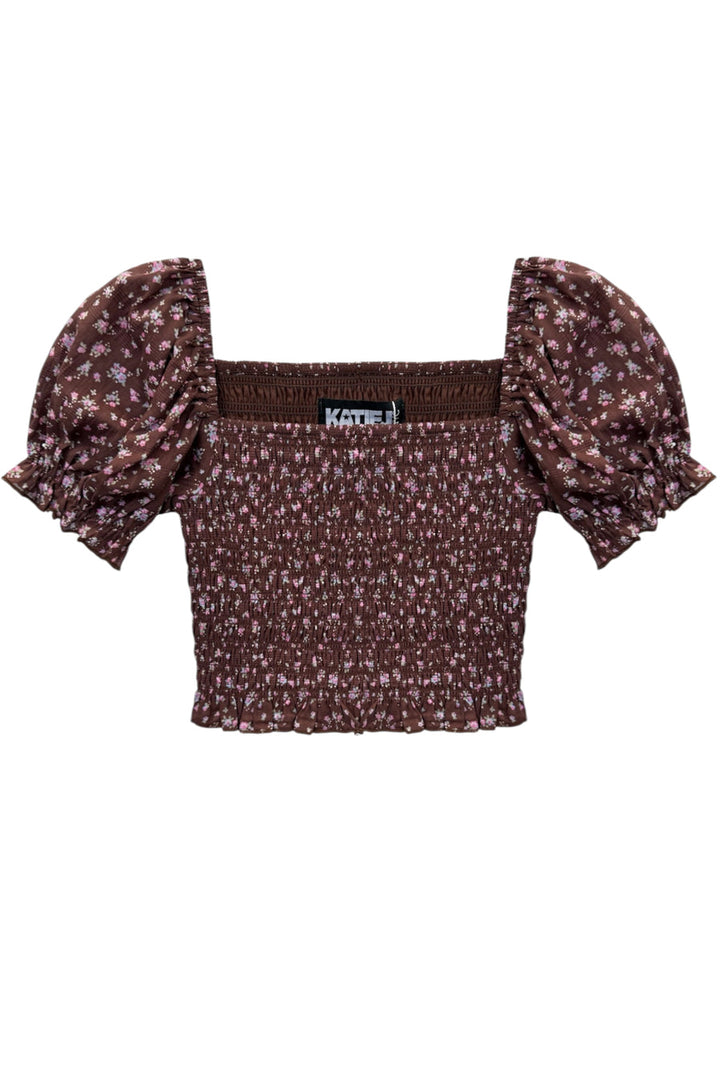 KatieJ Marlee Puff Sleeve Top, Chocolate Floral