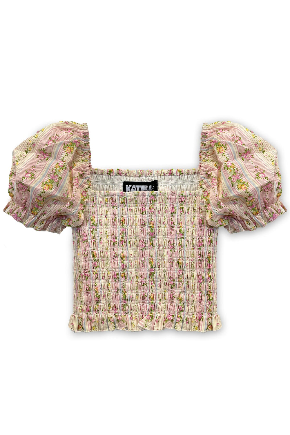 KatieJ Marlee Printed Puff Sleeve Top, Shabby Floral Stripe