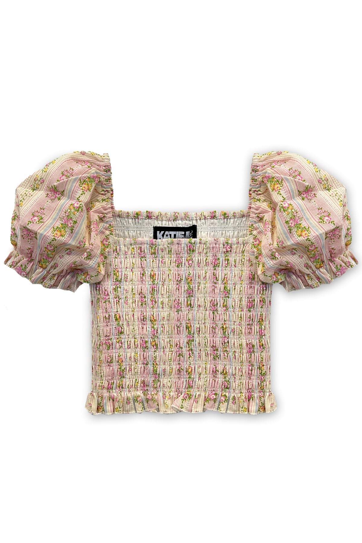 KatieJ Marlee Printed Puff Sleeve Top, Shabby Floral Stripe
