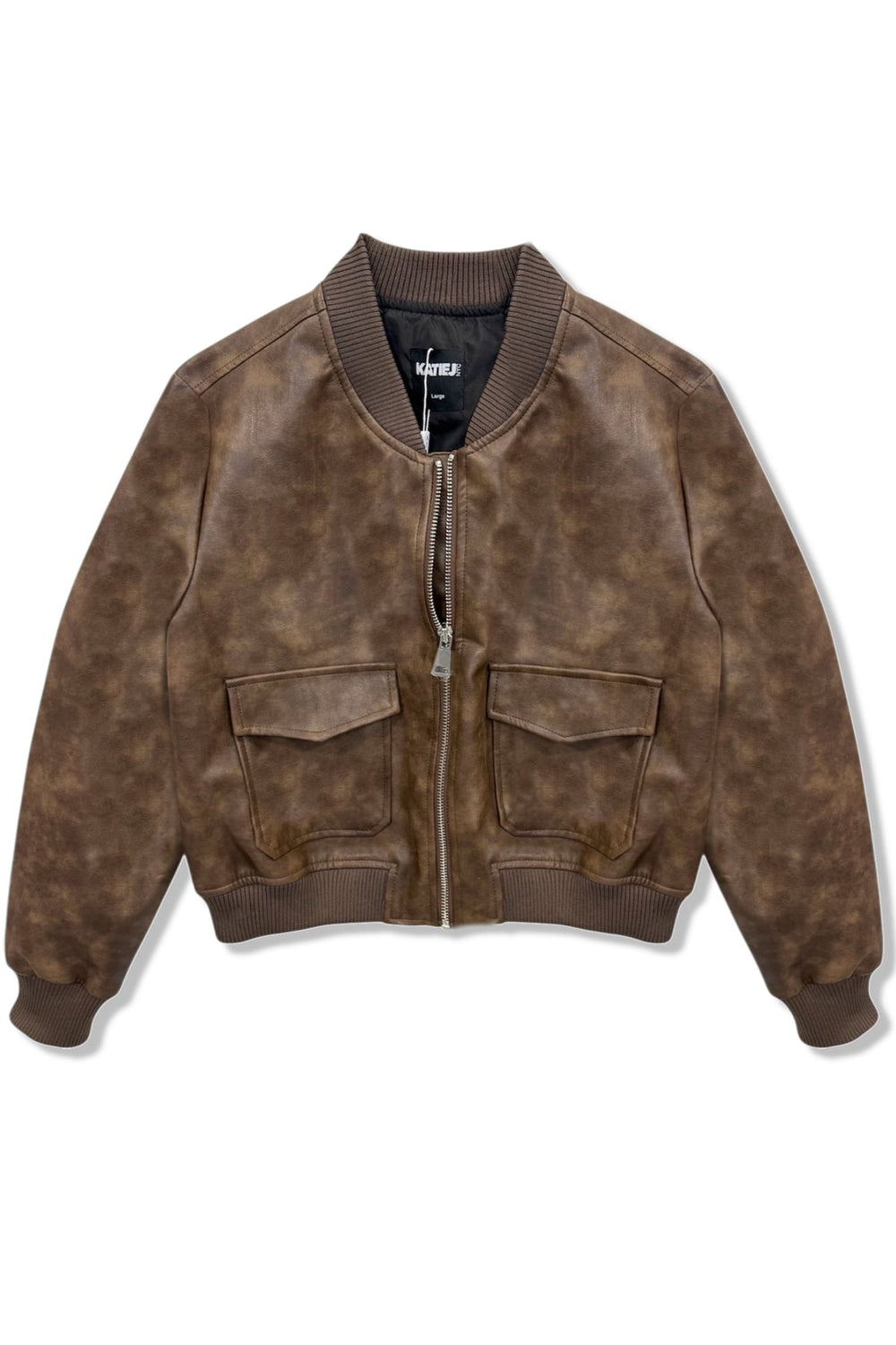 KatieJ Maverick Vegan Leather Bomber Jacket, Brown