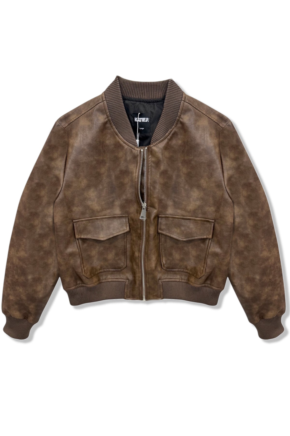 KatieJ Maverick Vegan Leather Bomber Jacket, Brown